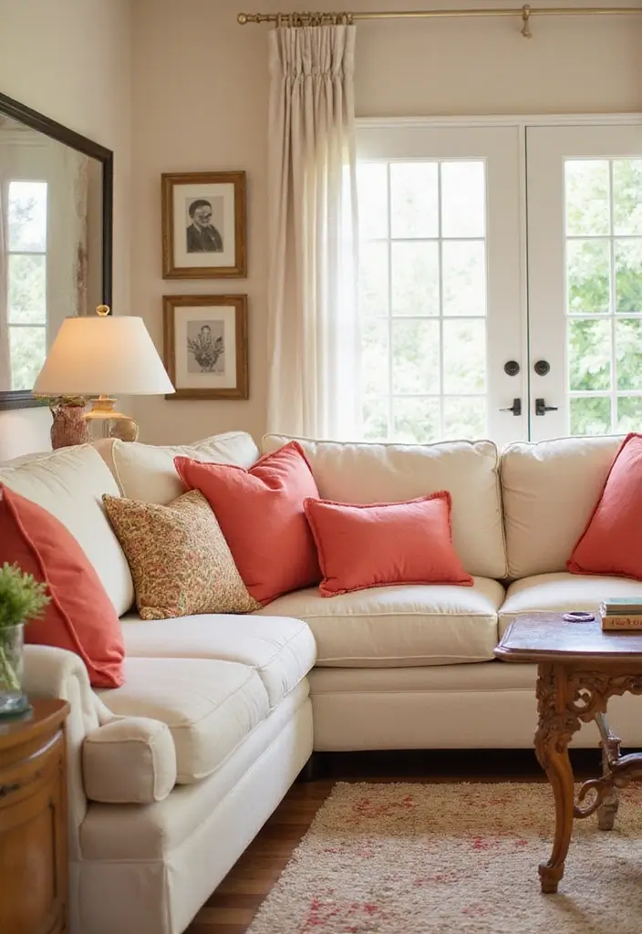 28 Cream Couch Pillow Color Schemes That Feel Calm and Modern 16 28 Cream Couch Pillow Color Schemes That Feel Calm and Modern - 16. Coral and Cream