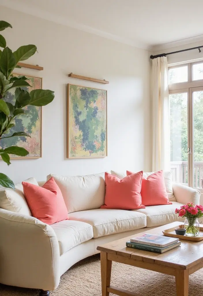 28 Cream Couch Pillow Color Schemes That Feel Calm and Modern 20 28 Cream Couch Pillow Color Schemes That Feel Calm and Modern - 20. Cream and Grapefruit Pink