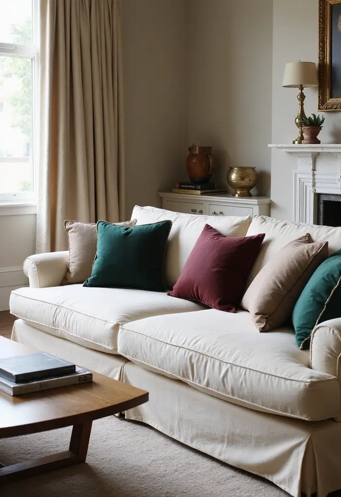 28 Cream Couch Pillow Color Schemes That Feel Calm and Modern 5 28 Cream Couch Pillow Color Schemes That Feel Calm and Modern - 5. Muted Jewel Tones