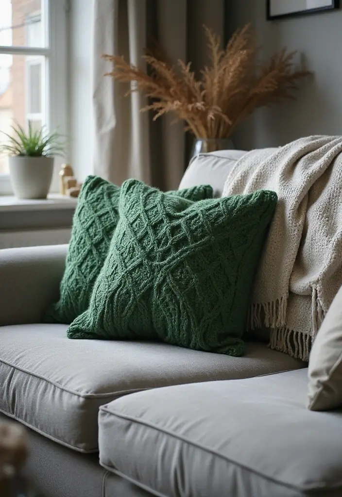 28 Gray Couch with Green Pillows Combinations That Feel Inviting 12 28 Gray Couch with Green Pillows Combinations That Feel Inviting - 12. Textured Knitted Pillows