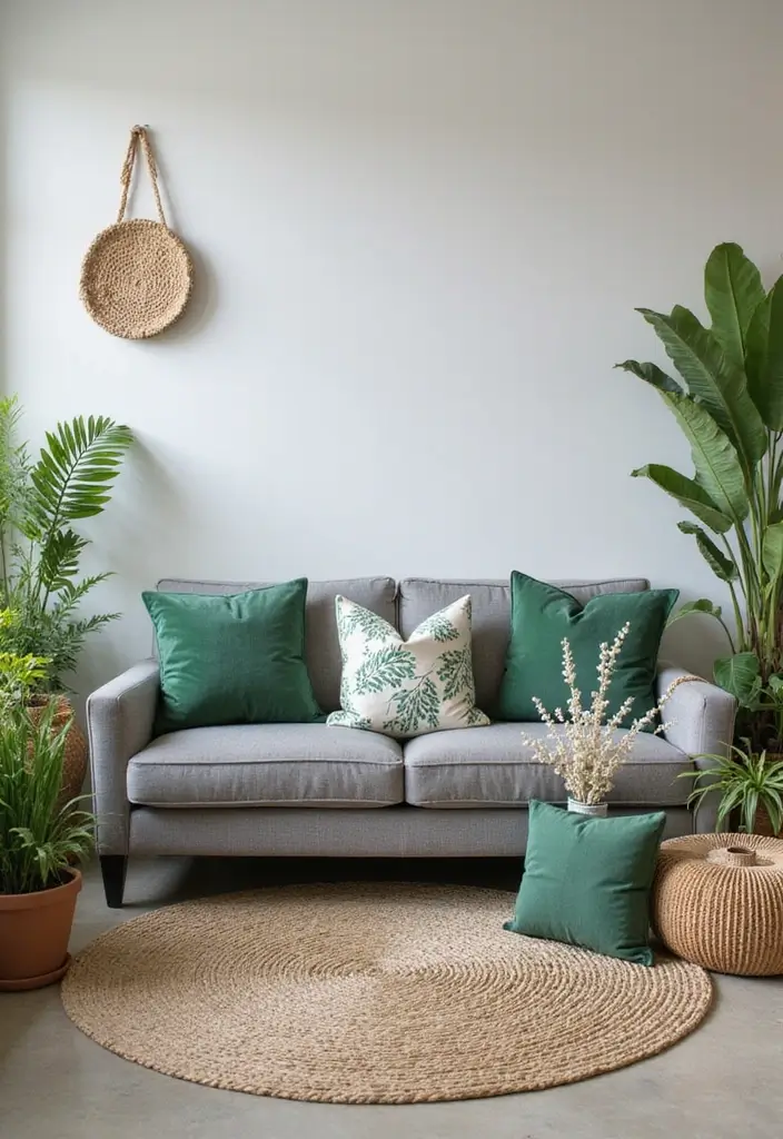 28 Gray Couch with Green Pillows Combinations That Feel Inviting 13 28 Gray Couch with Green Pillows Combinations That Feel Inviting - 13. Nature-Inspired Elements