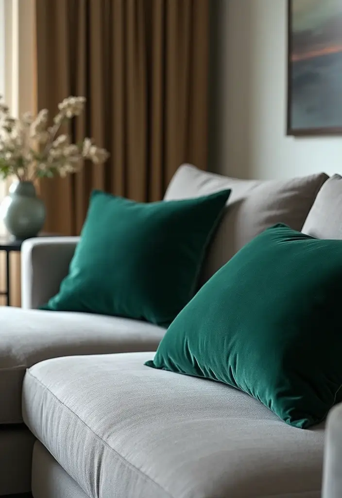 28 Gray Couch with Green Pillows Combinations That Feel Inviting 16 28 Gray Couch with Green Pillows Combinations That Feel Inviting - 16. Stylish Velvet Green Touches