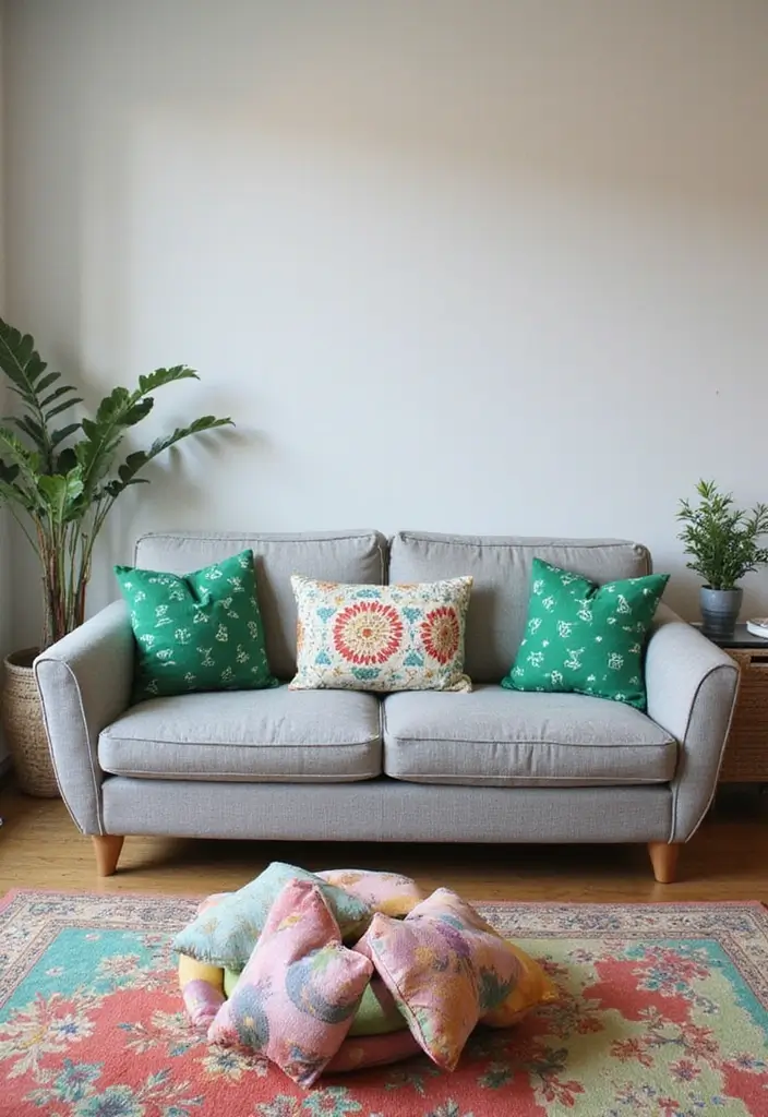 28 Gray Couch with Green Pillows Combinations That Feel Inviting 18 28 Gray Couch with Green Pillows Combinations That Feel Inviting - 18. Whimsical Prints and Patterns
