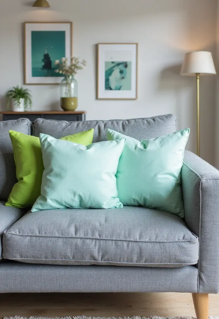 28 Gray Couch with Green Pillows Combinations That Feel Inviting 2 28 Gray Couch with Green Pillows Combinations That Feel Inviting - 2. Bright Mint Green Accents