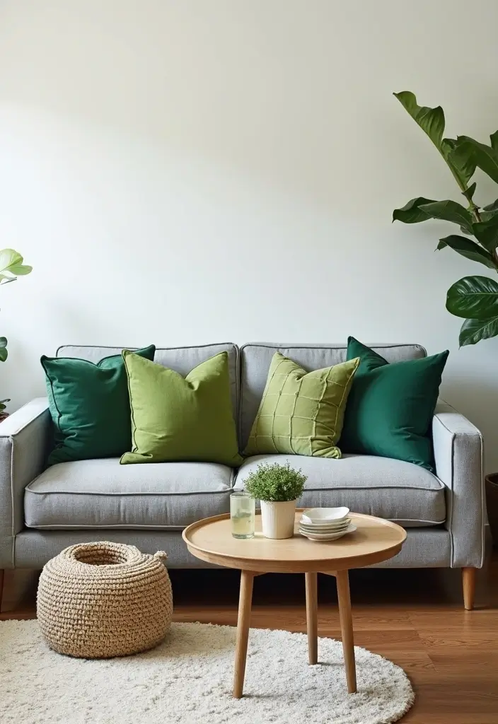 28 Gray Couch with Green Pillows Combinations That Feel Inviting 23 28 Gray Couch with Green Pillows Combinations That Feel Inviting - 23. Seasonal Decor Updates
