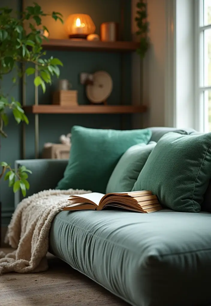 28 Gray Couch with Green Pillows Combinations That Feel Inviting 24 28 Gray Couch with Green Pillows Combinations That Feel Inviting - 24. Cozy Reading Nook