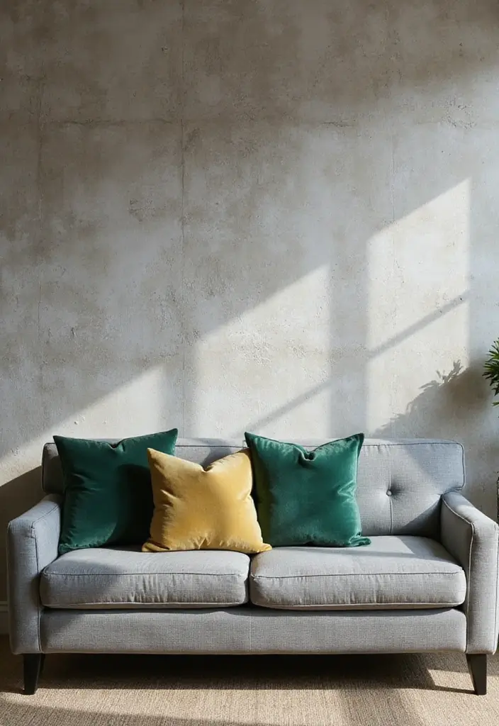 28 Gray Couch with Green Pillows Combinations That Feel Inviting 26 28 Gray Couch with Green Pillows Combinations That Feel Inviting - 26. Textured Accent Wall