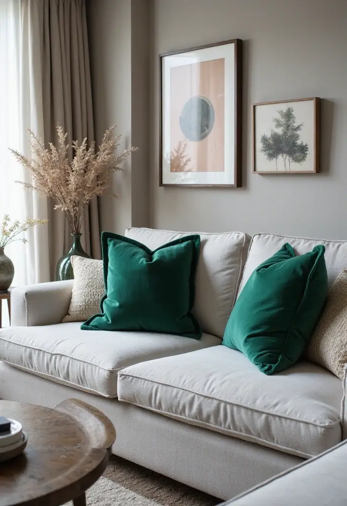 28 Gray Couch with Green Pillows Combinations That Feel Inviting 6 28 Gray Couch with Green Pillows Combinations That Feel Inviting - 6. Deep Emerald Elegance