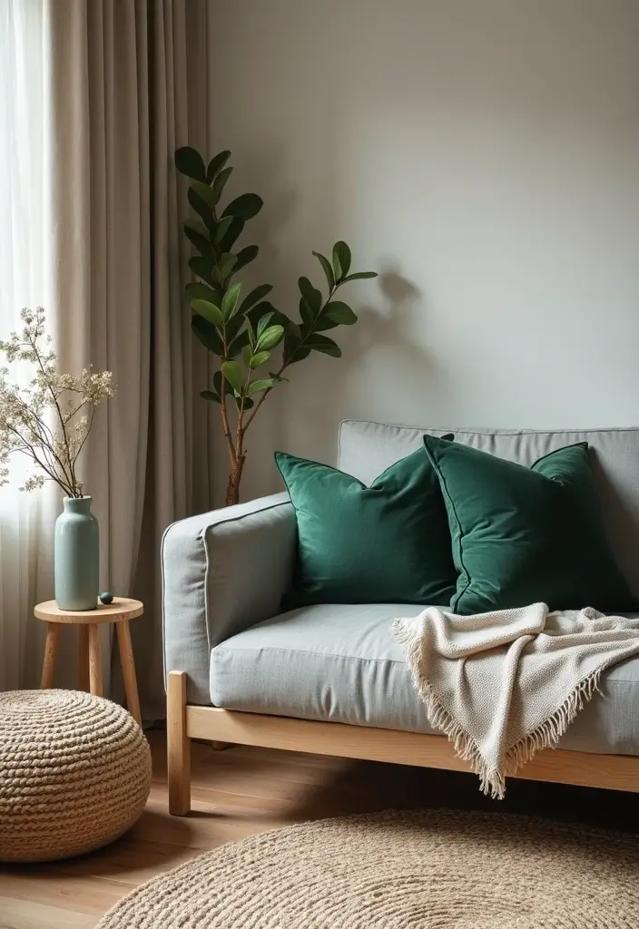 28 Gray Couch with Green Pillows Combinations That Feel Inviting 7 28 Gray Couch with Green Pillows Combinations That Feel Inviting - 7. Warm Forest Green Touch