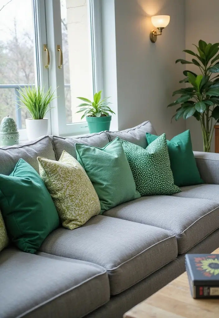 28 Gray Couch with Green Pillows Combinations That Feel Inviting 8 28 Gray Couch with Green Pillows Combinations That Feel Inviting - 8. Playful Patterned Greens