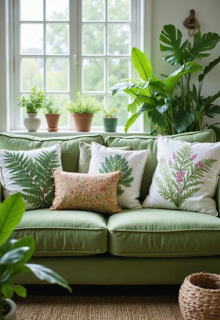 28 Green Couch with Pillows Ideas for a Fresh Cozy Vibe 1 28 Green Couch with Pillows Ideas for a Fresh Cozy Vibe - 1. Botanical Bliss