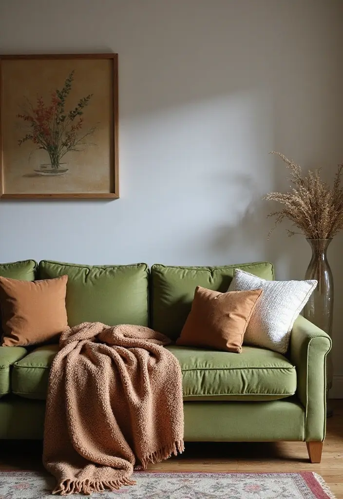 28 Green Couch with Pillows Ideas for a Fresh Cozy Vibe 10 28 Green Couch with Pillows Ideas for a Fresh Cozy Vibe - 10. Layering with Throws