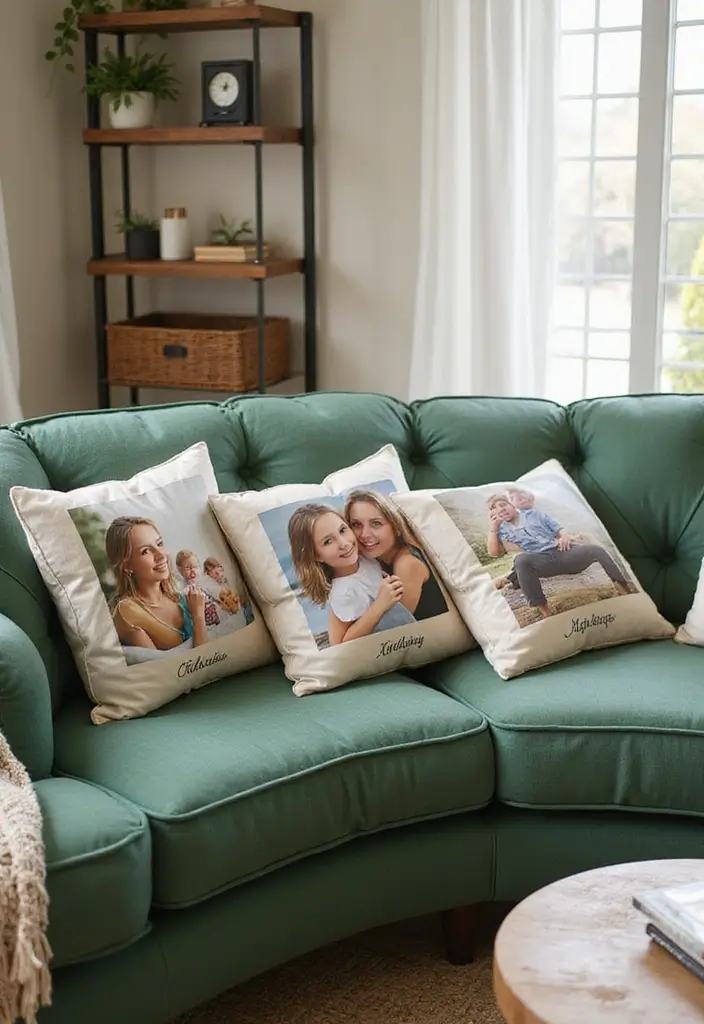 28 Green Couch with Pillows Ideas for a Fresh Cozy Vibe 12 28 Green Couch with Pillows Ideas for a Fresh Cozy Vibe - 12. Personalized Prints