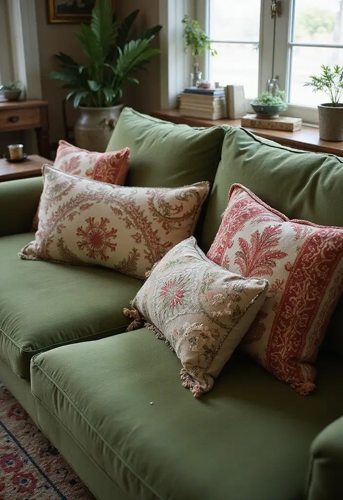 28 Green Couch with Pillows Ideas for a Fresh Cozy Vibe 13 28 Green Couch with Pillows Ideas for a Fresh Cozy Vibe - 13. Vintage Charm