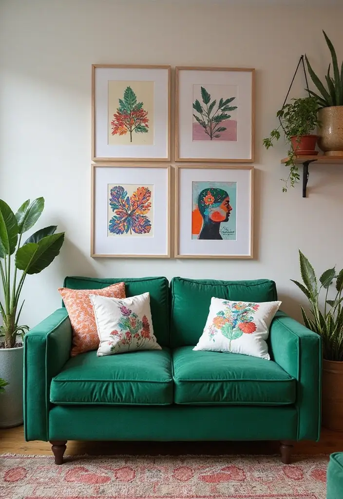 28 Green Couch with Pillows Ideas for a Fresh Cozy Vibe 15 28 Green Couch with Pillows Ideas for a Fresh Cozy Vibe - 15. Artistic Expressions
