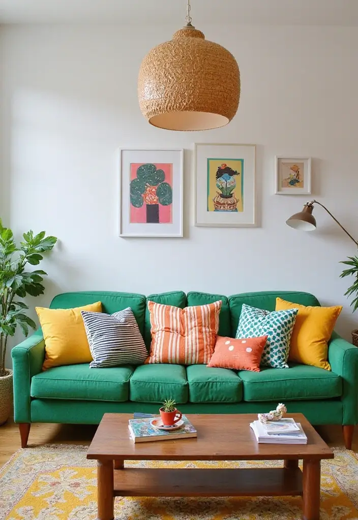 28 Green Couch with Pillows Ideas for a Fresh Cozy Vibe 16 28 Green Couch with Pillows Ideas for a Fresh Cozy Vibe - 16. Patterns Play