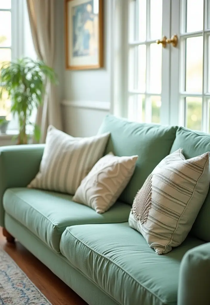 28 Green Couch with Pillows Ideas for a Fresh Cozy Vibe 17 28 Green Couch with Pillows Ideas for a Fresh Cozy Vibe - 17. Coastal Inspiration