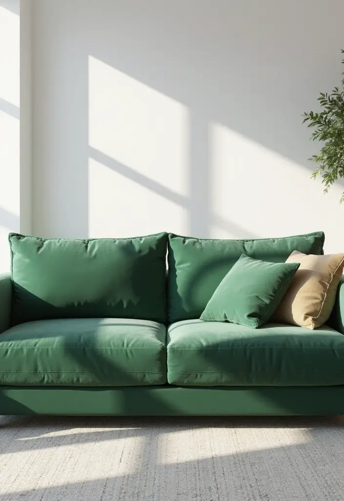 28 Green Couch with Pillows Ideas for a Fresh Cozy Vibe 19 28 Green Couch with Pillows Ideas for a Fresh Cozy Vibe - 19. Modern Minimalism
