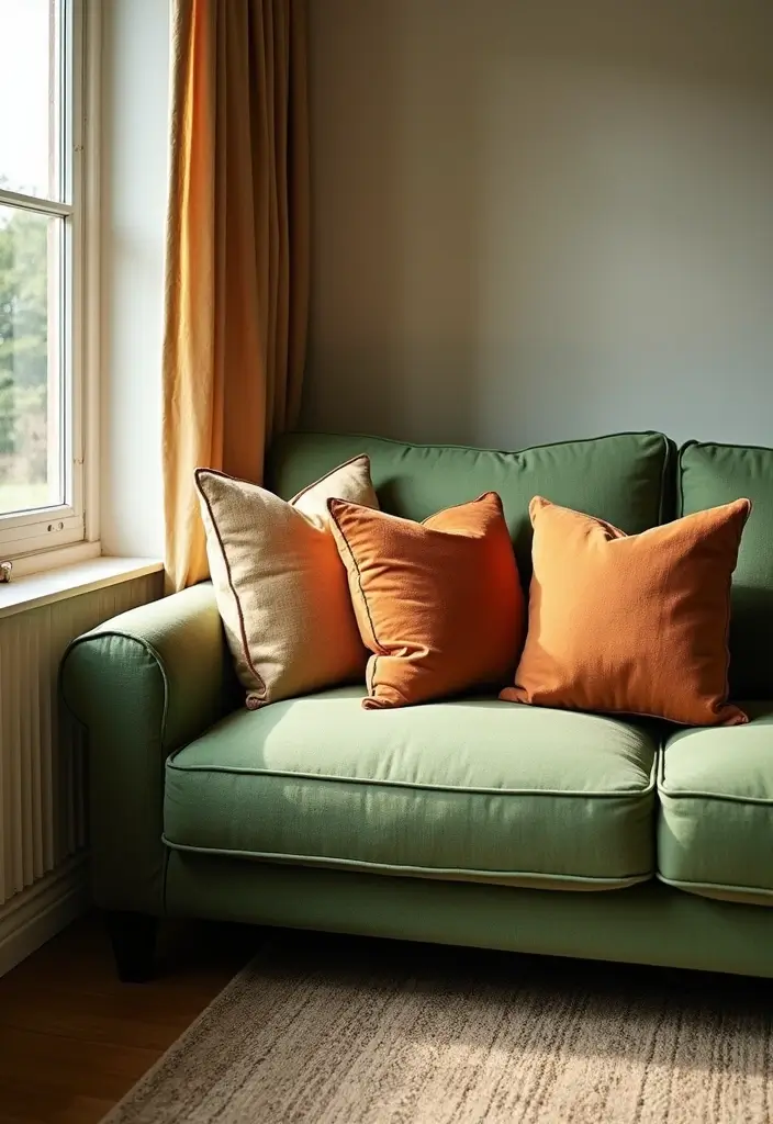 28 Green Couch with Pillows Ideas for a Fresh Cozy Vibe 2 28 Green Couch with Pillows Ideas for a Fresh Cozy Vibe - 2. Earthy Tones
