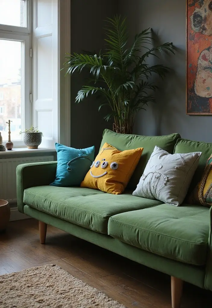 28 Green Couch with Pillows Ideas for a Fresh Cozy Vibe 20 28 Green Couch with Pillows Ideas for a Fresh Cozy Vibe - 20. Futuristic Flare
