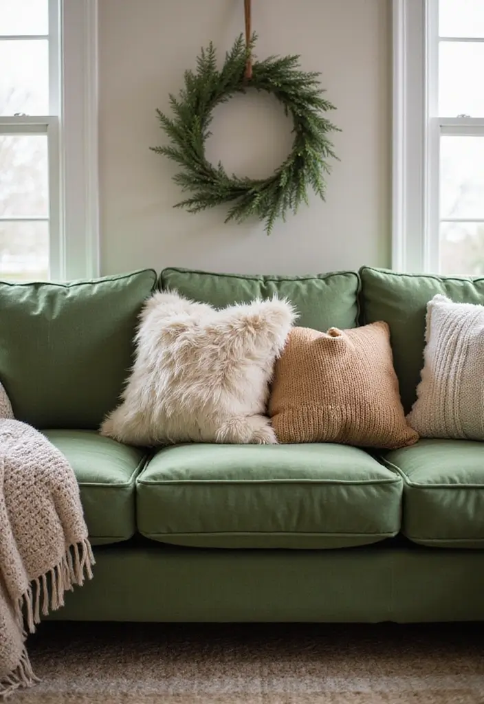 28 Green Couch with Pillows Ideas for a Fresh Cozy Vibe 22 28 Green Couch with Pillows Ideas for a Fresh Cozy Vibe - 22. Seasonal Textures