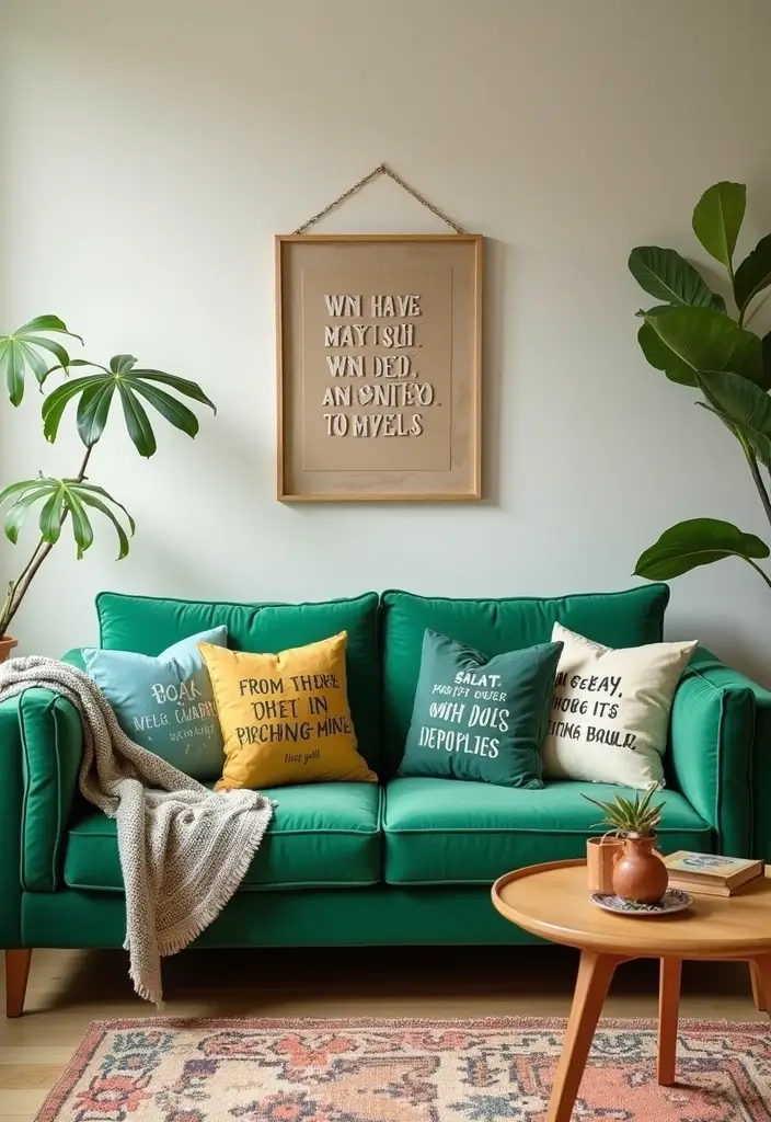 28 Green Couch with Pillows Ideas for a Fresh Cozy Vibe 26 28 Green Couch with Pillows Ideas for a Fresh Cozy Vibe - 26. Playful Typography