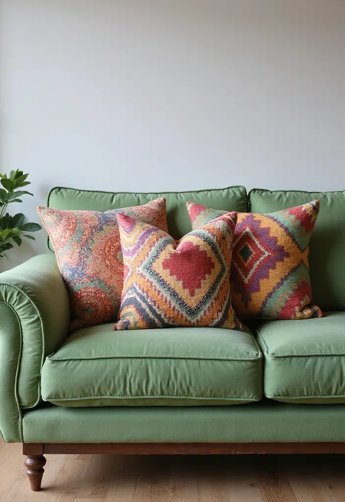 28 Green Couch with Pillows Ideas for a Fresh Cozy Vibe 27 28 Green Couch with Pillows Ideas for a Fresh Cozy Vibe - 27. Geometric Patterns