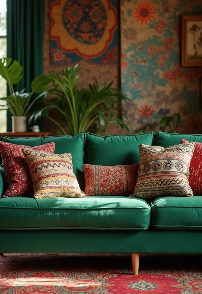 28 Green Couch with Pillows Ideas for a Fresh Cozy Vibe 28 28 Green Couch with Pillows Ideas for a Fresh Cozy Vibe - 28. Global Inspiration