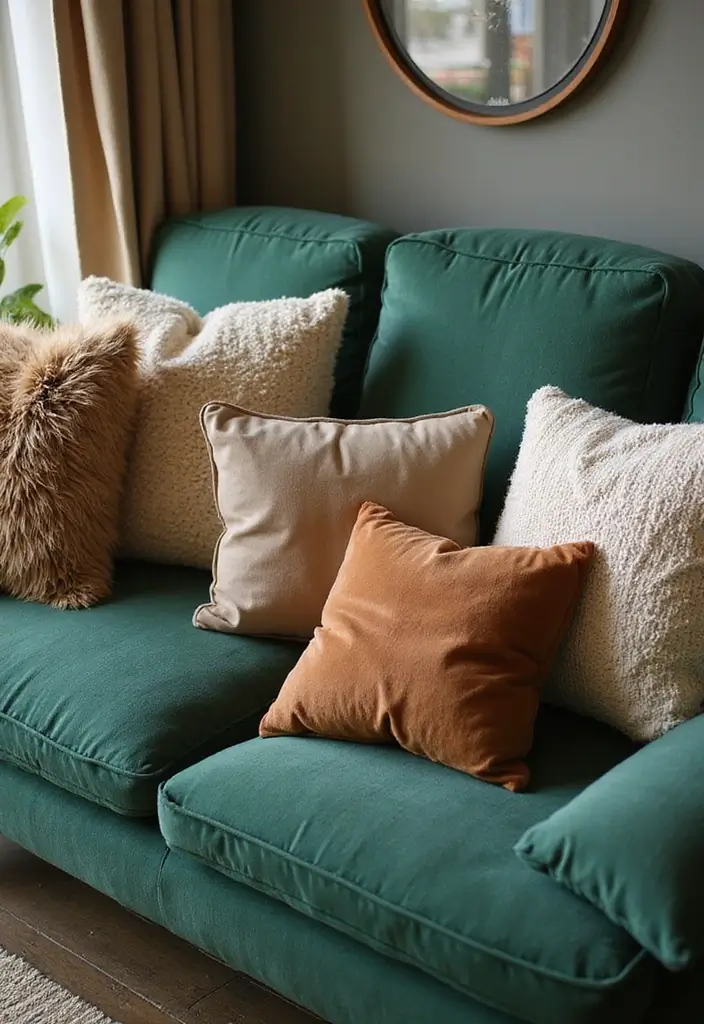 28 Green Couch with Pillows Ideas for a Fresh Cozy Vibe 4 28 Green Couch with Pillows Ideas for a Fresh Cozy Vibe - 4. Textured Layers