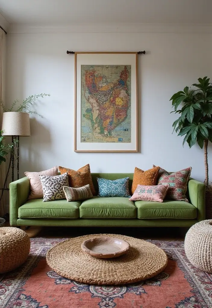 28 Green Couch with Pillows Ideas for a Fresh Cozy Vibe 6 28 Green Couch with Pillows Ideas for a Fresh Cozy Vibe - 6. Bohemian Vibes