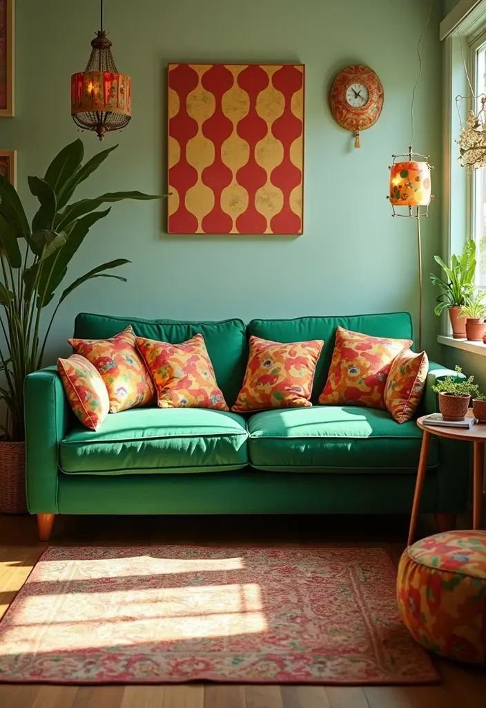 28 Green Couch with Pillows Ideas for a Fresh Cozy Vibe 8 28 Green Couch with Pillows Ideas for a Fresh Cozy Vibe - 8. Retro Flair