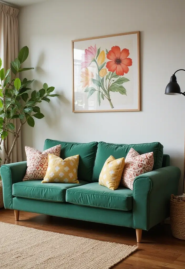 28 Green Couch with Pillows Ideas for a Fresh Cozy Vibe 9 28 Green Couch with Pillows Ideas for a Fresh Cozy Vibe - 9. Seasonal Shifts