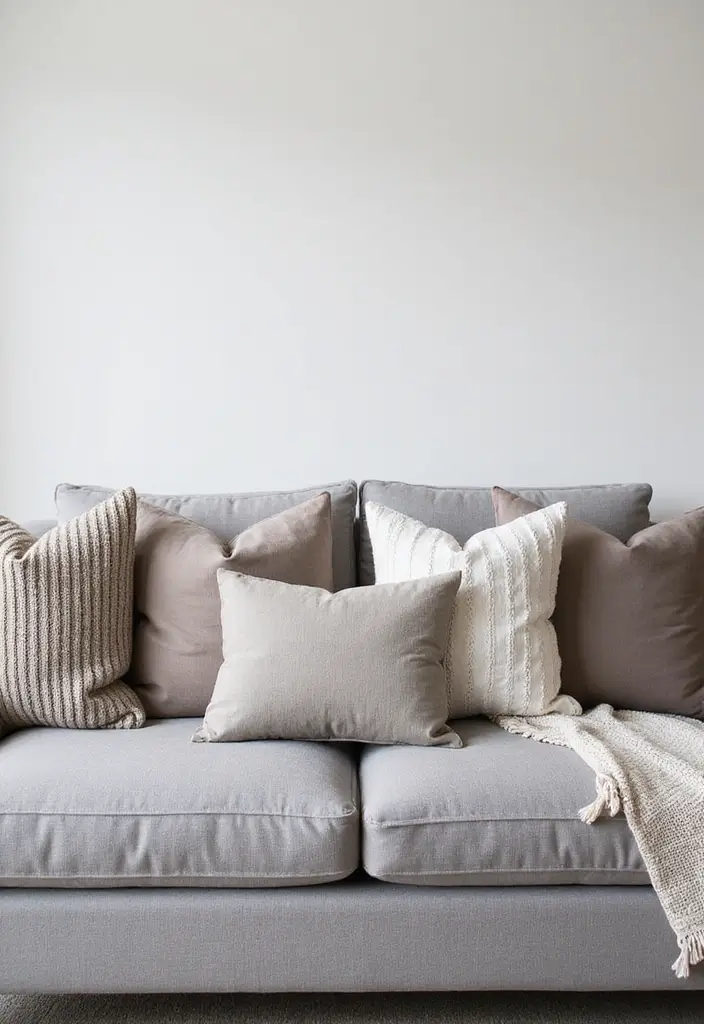 28 Grey Couch with Pillows Combinations You’ll Love 1 28 Grey Couch with Pillows Combinations You’ll Love - 1. Soft Neutrals and Textures