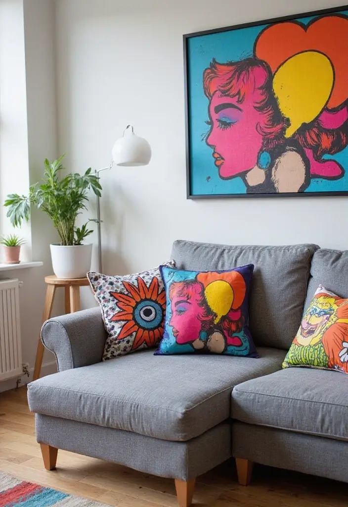 28 Grey Couch with Pillows Combinations You’ll Love 11 28 Grey Couch with Pillows Combinations You’ll Love - 11. Pop Art Influence