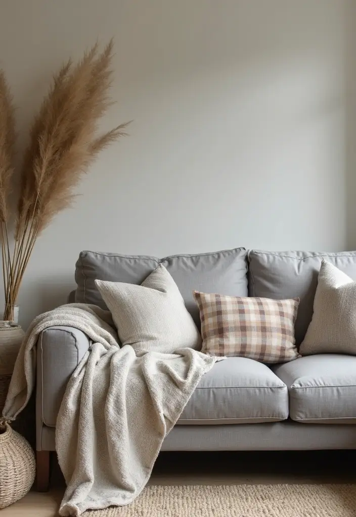 28 Grey Couch with Pillows Combinations You’ll Love 13 28 Grey Couch with Pillows Combinations You’ll Love - 13. Cozy Cottage Vibes