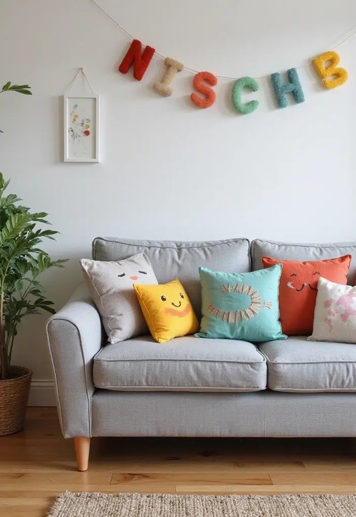 28 Grey Couch with Pillows Combinations You’ll Love 14 28 Grey Couch with Pillows Combinations You’ll Love - 14. Playful Patterns for Kids