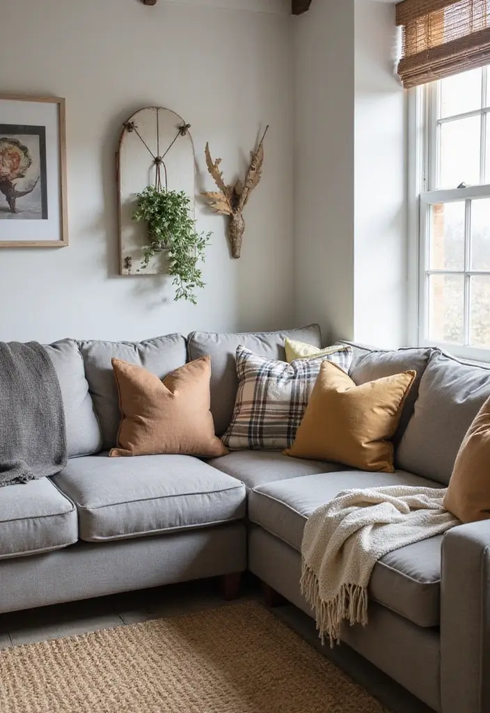 28 Grey Couch with Pillows Combinations You’ll Love 16 28 Grey Couch with Pillows Combinations You’ll Love - 16. Rustic Farmhouse Charm
