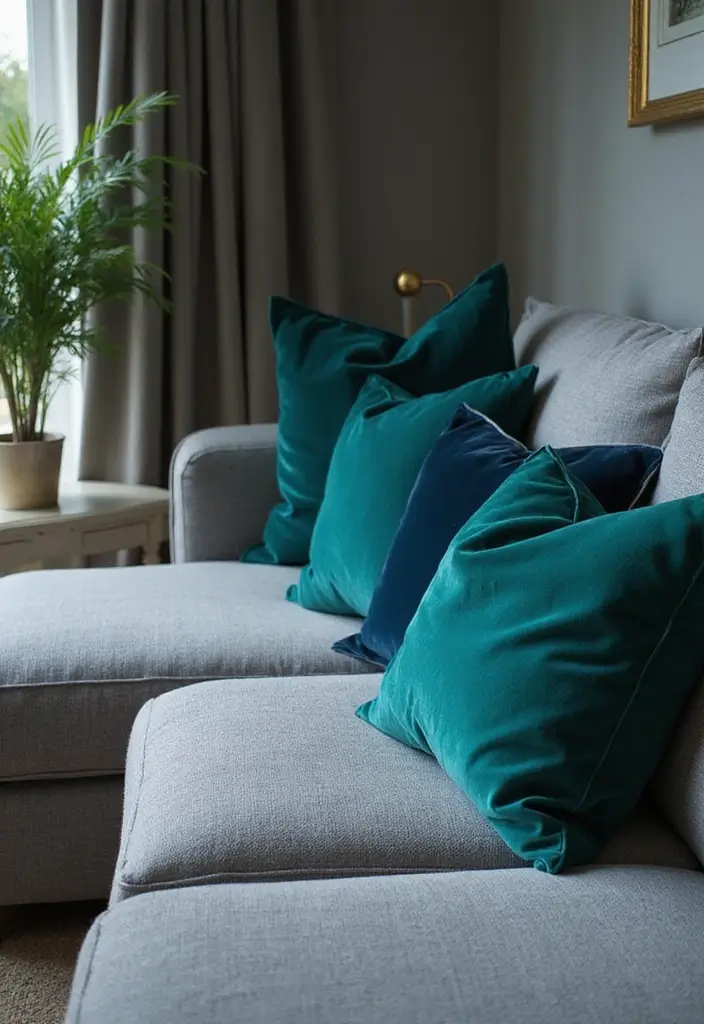 28 Grey Couch with Pillows Combinations You’ll Love 17 28 Grey Couch with Pillows Combinations You’ll Love - 17. Luxurious Velvet Touch