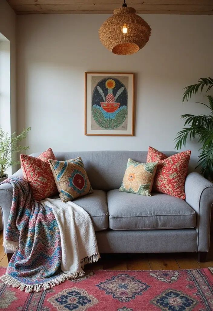 28 Grey Couch with Pillows Combinations You’ll Love 19 28 Grey Couch with Pillows Combinations You’ll Love - 19. Layered Bohemian Styles