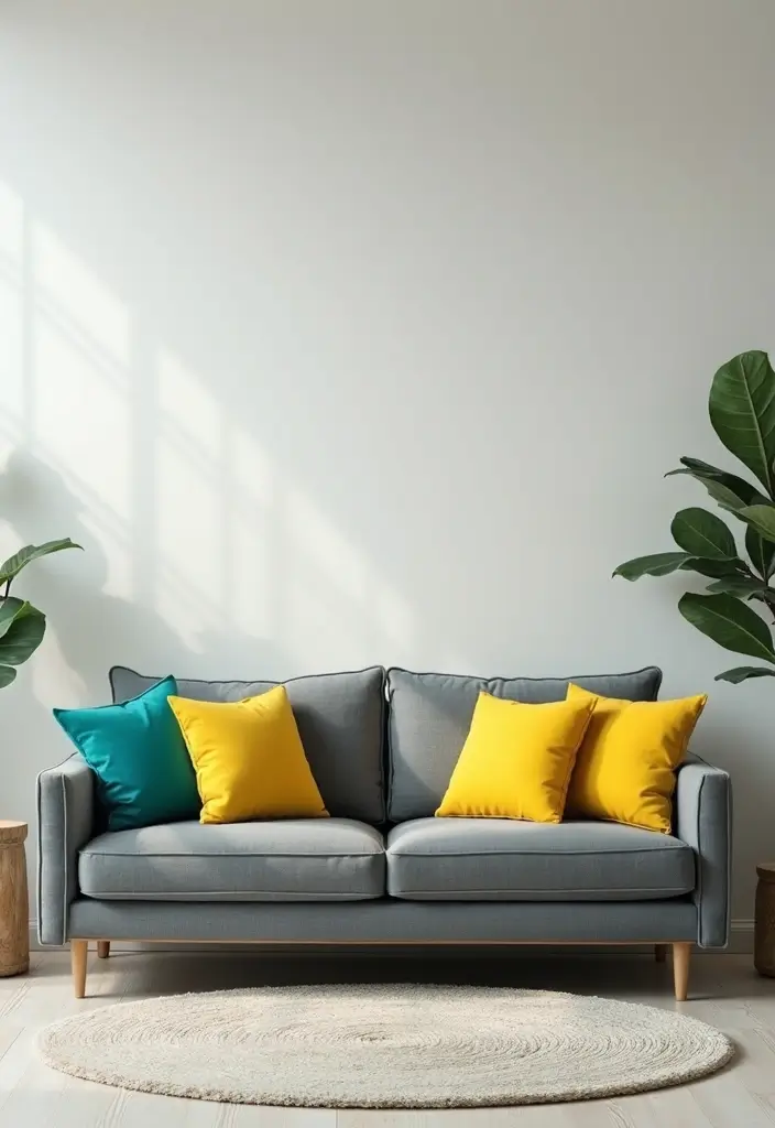 28 Grey Couch with Pillows Combinations You’ll Love 2 28 Grey Couch with Pillows Combinations You’ll Love - 2. Vibrant Pop Colors