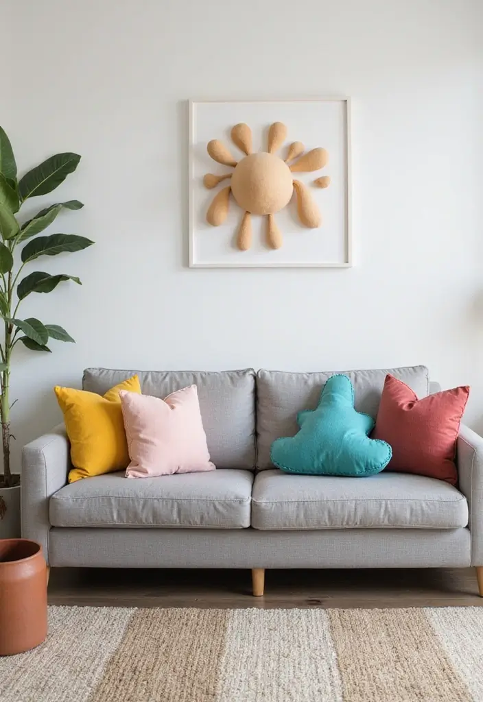 28 Grey Couch with Pillows Combinations You’ll Love 20 28 Grey Couch with Pillows Combinations You’ll Love - 20. Whimsical Touches