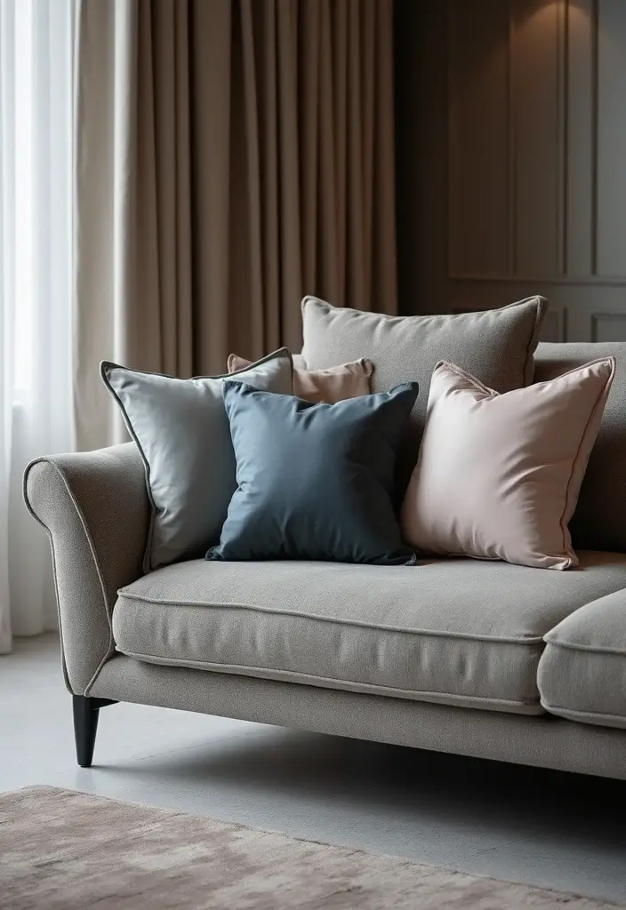 28 Grey Couch with Pillows Combinations You’ll Love 21 28 Grey Couch with Pillows Combinations You’ll Love - 21. Elegant Layering