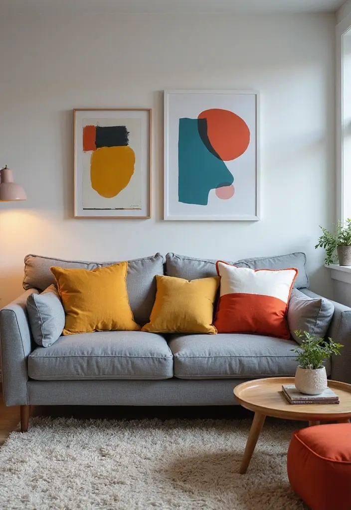 28 Grey Couch with Pillows Combinations You’ll Love 23 28 Grey Couch with Pillows Combinations You’ll Love - 23. Dynamic Color Blocking
