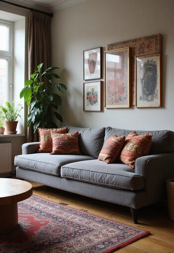 28 Grey Couch with Pillows Combinations You’ll Love 25 28 Grey Couch with Pillows Combinations You’ll Love - 25. Ethnic Prints and Patterns