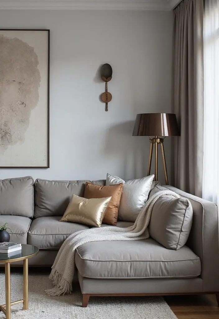 28 Grey Couch with Pillows Combinations You’ll Love 27 28 Grey Couch with Pillows Combinations You’ll Love - 27. Futuristic Metallics