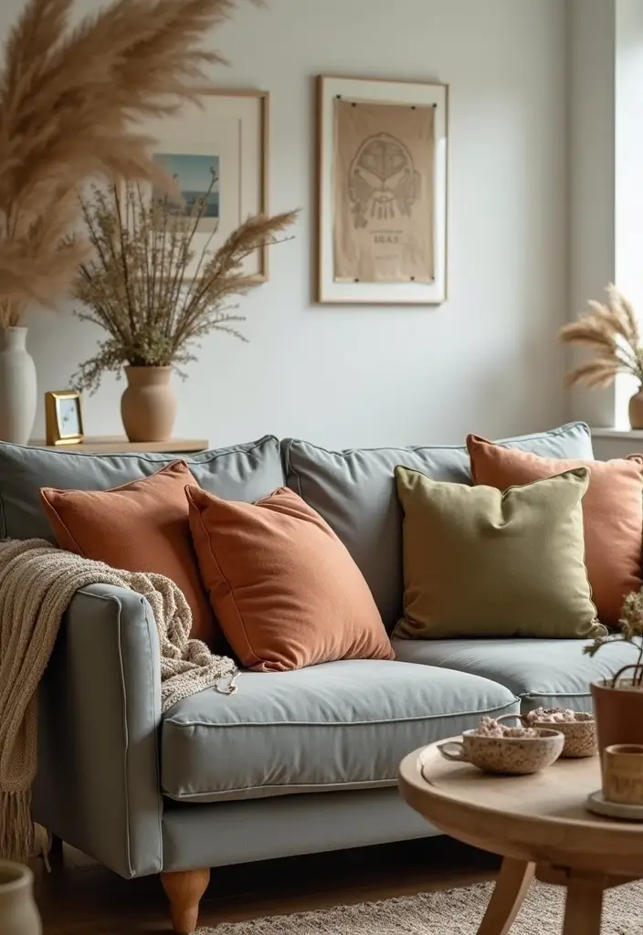 28 Grey Couch with Pillows Combinations You’ll Love 4 28 Grey Couch with Pillows Combinations You’ll Love - 4. Earthy Tones for Warmth