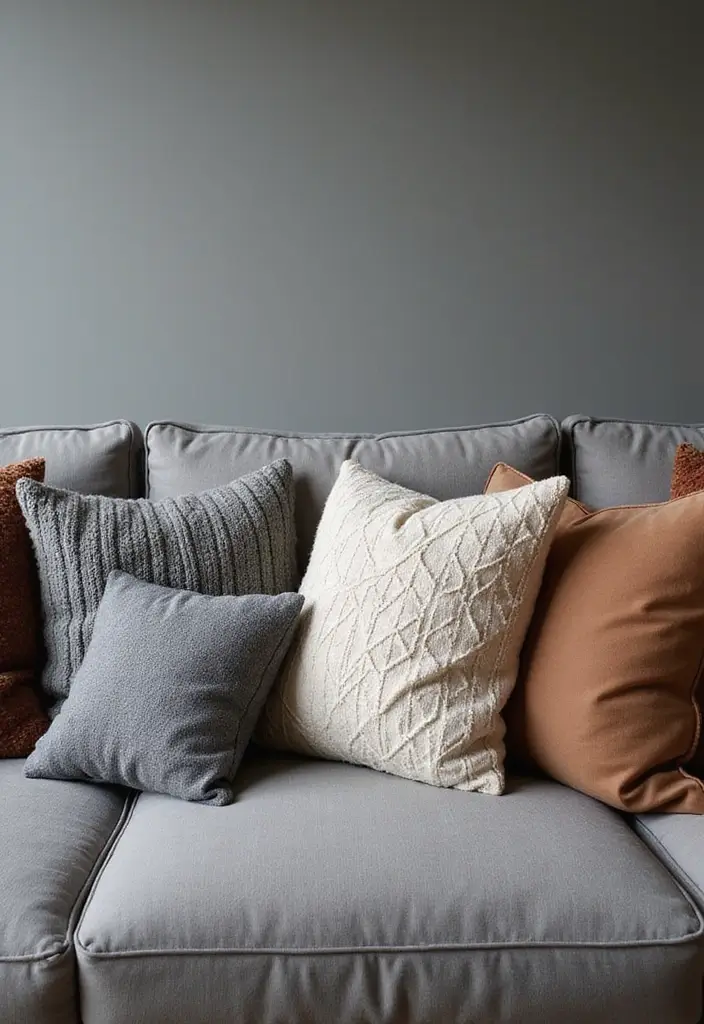 28 Grey Couch with Pillows Combinations You’ll Love 5 28 Grey Couch with Pillows Combinations You’ll Love - 5. Textured Layering