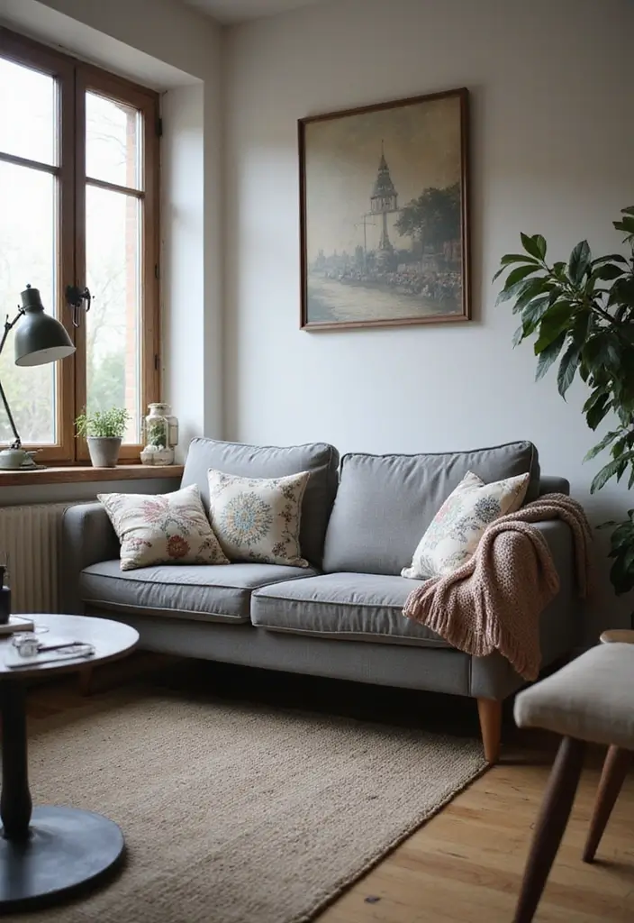 28 Grey Couch with Pillows Combinations You’ll Love 9 28 Grey Couch with Pillows Combinations You’ll Love - 9. Vintage Charm