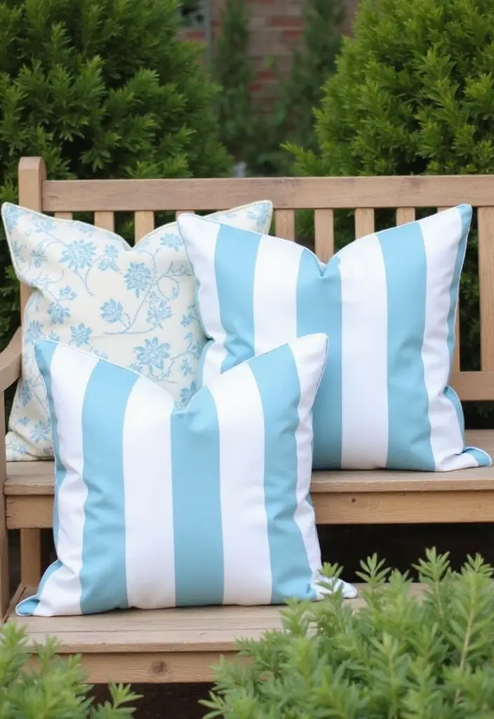 28 Outdoor Pillow Color Schemes in Blue for a Fresh Summer Look 1 28 Outdoor Pillow Color Schemes in Blue for a Fresh Summer Look - 1. Light Blue and White Stripe