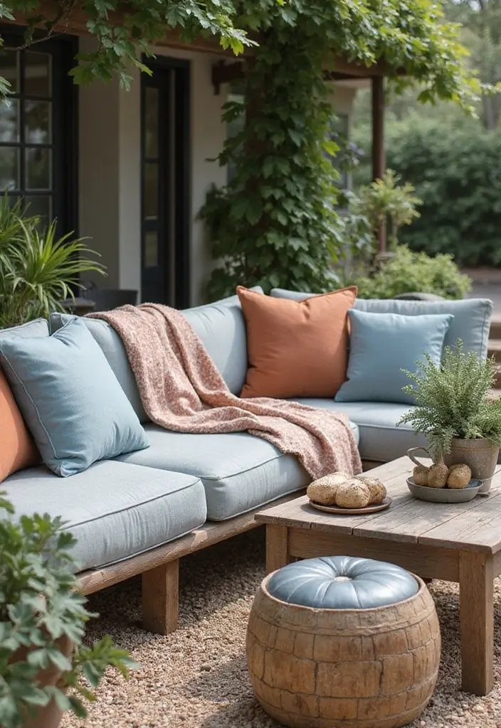 28 Outdoor Pillow Color Schemes in Blue for a Fresh Summer Look 13 28 Outdoor Pillow Color Schemes in Blue for a Fresh Summer Look - 13. Dusty Blue and Rust